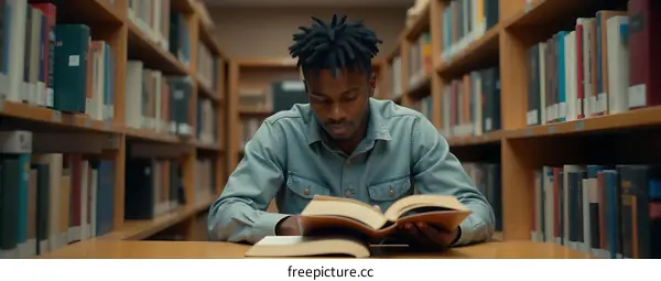 African American Man Reading Book in Library