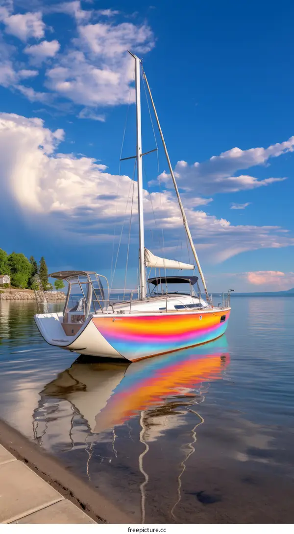 Rainbow Sailboat Anchored on a Serene Lake
