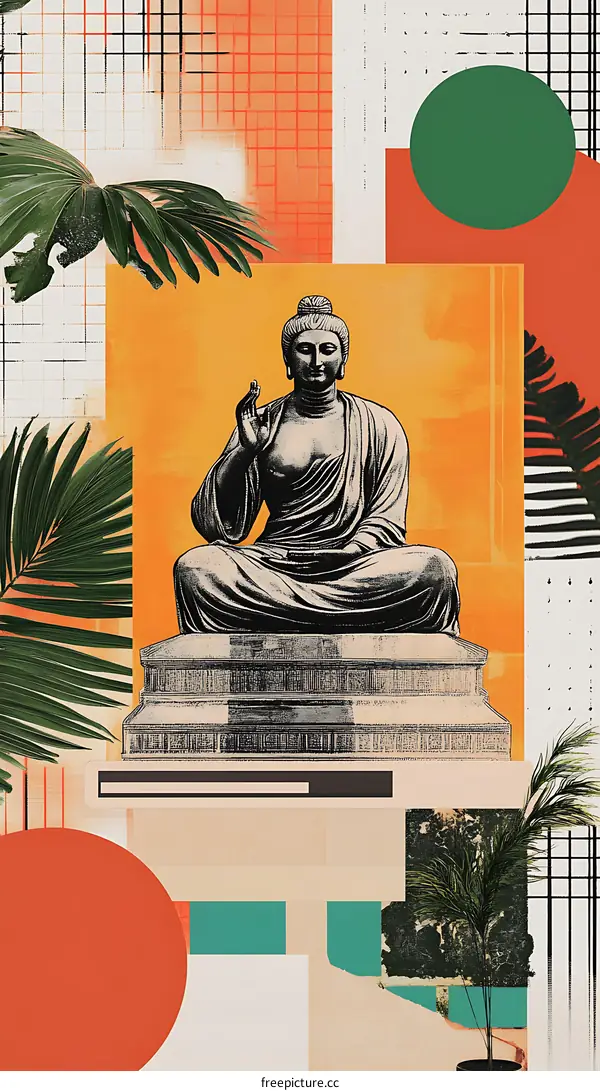 Abstract Art with Buddha Statue in a Tropical Setting