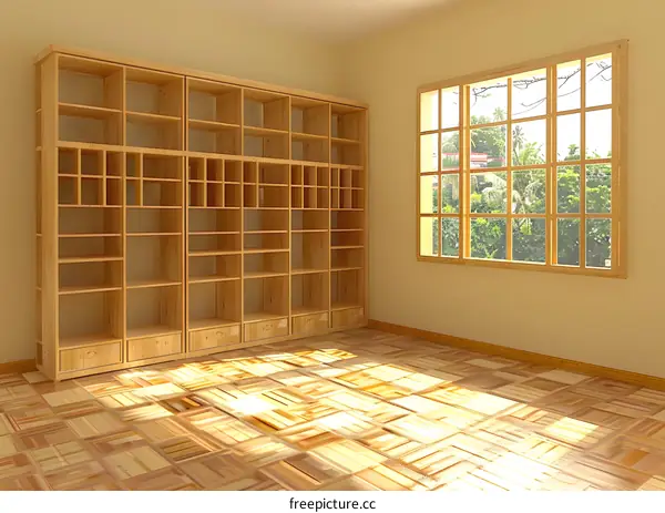 Empty Room with Wooden Bookshelf and Window