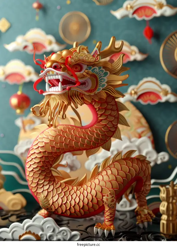Golden and Auspicious Dragon on Clouds
