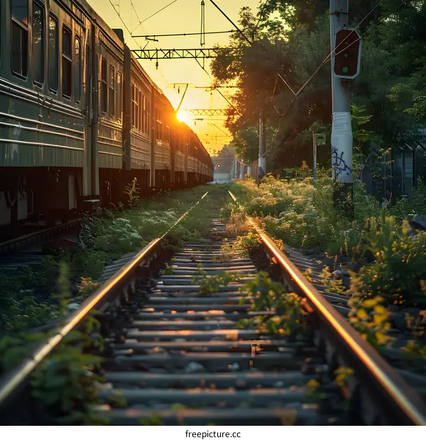 Sun Setting Over Railroad Tracks