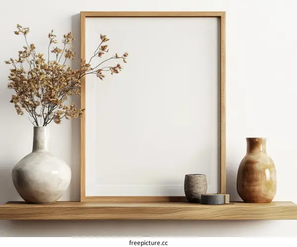 Empty Frame with Dried Flowers and Vases on Wooden Shelf