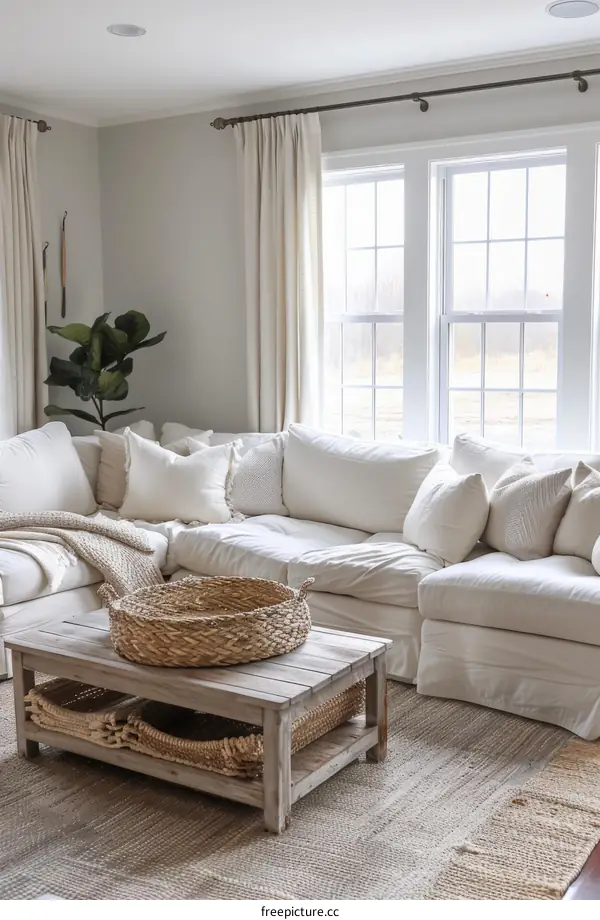 Bright and Airy Living Room With White Sectional Sofa and Natural Textures