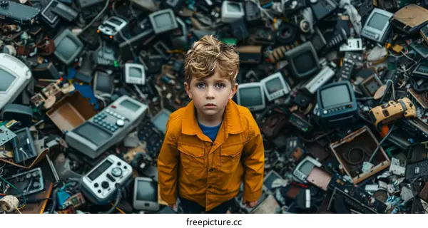 Portrait of a boy standing in a pile of electronic waste