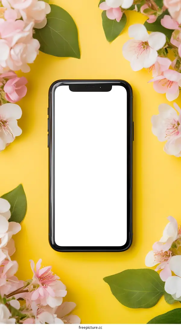Smartphone Mockup with Pink Flowers on Yellow Background