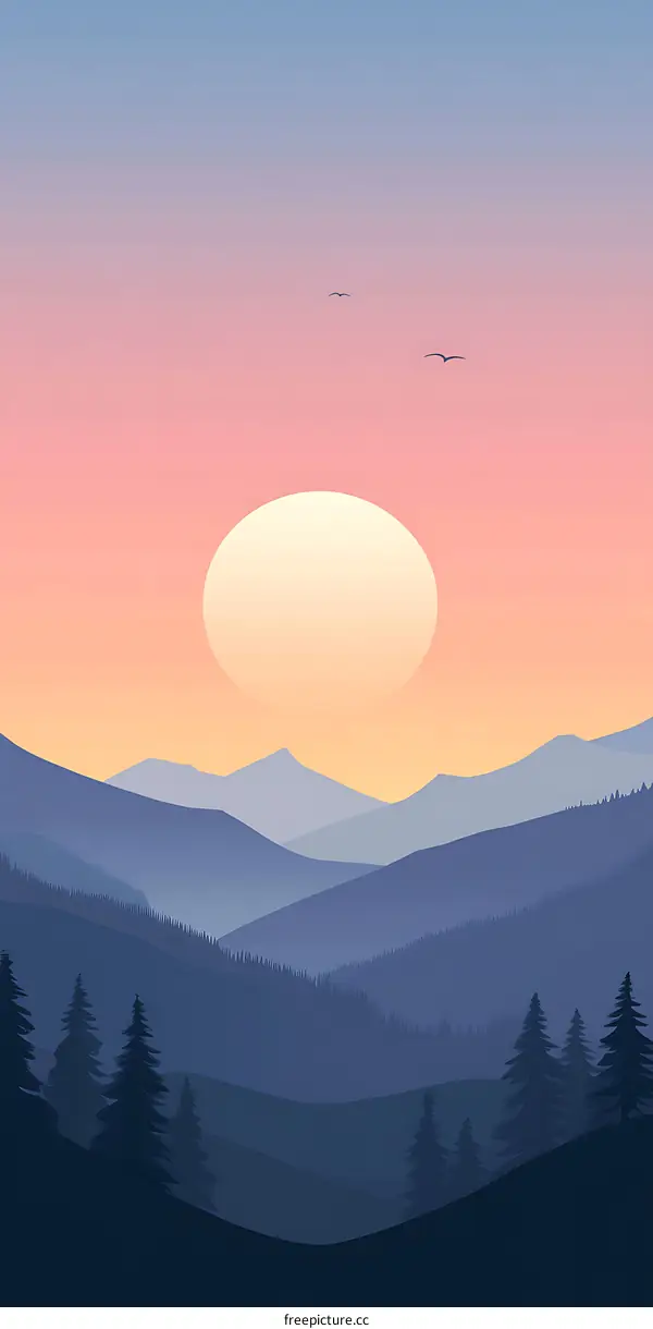 Mountain Landscape with Sunset and Birds