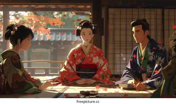 Three People Dressed in Traditional Japanese Kimono Sitting at a Table in a Room
