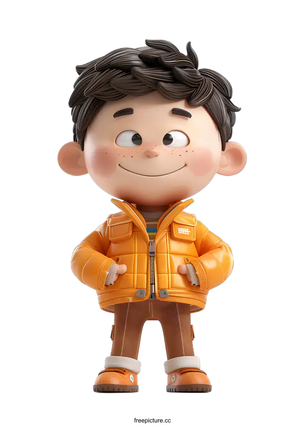 [Transparent Background PNG]Cute Boy Wearing Orange Winter Jacket
