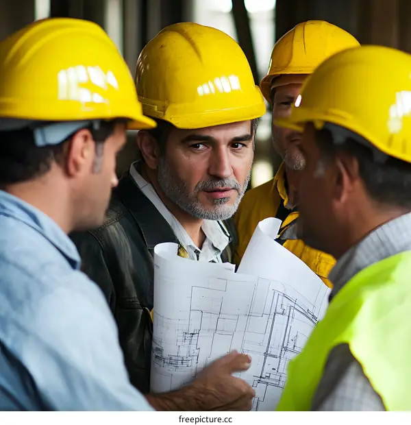 Construction Workers Discussing Plans on a Building Site