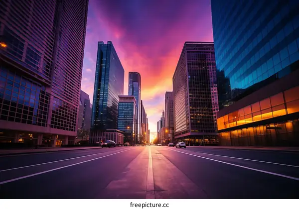 A wide road in the middle of a city with tall buildings on both sides and a beautiful sunset in the background