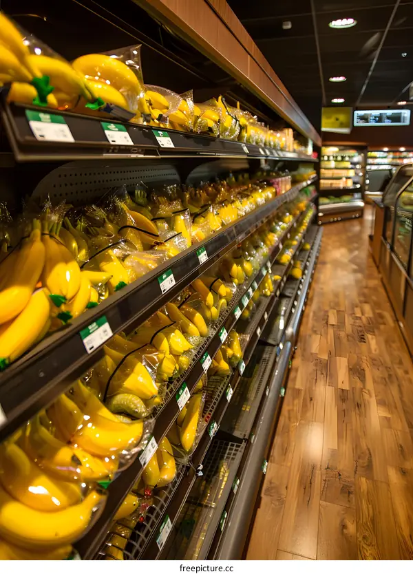 Yellow Bananas on Shelves at Grocery Store