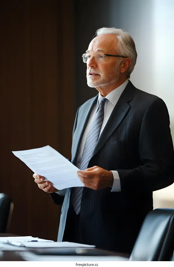 Senior Businessman Standing in Meeting Room Talking from Documents
