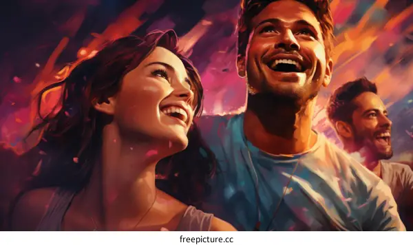 Three people are watching fireworks happily