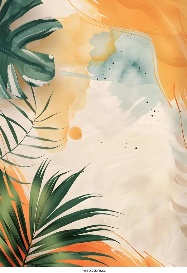 Tropical Leaves Watercolor Painting Abstract Background