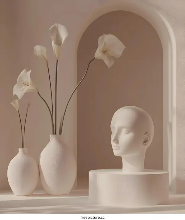 Minimalist White Sculpture and Flowers in a Modern Interior