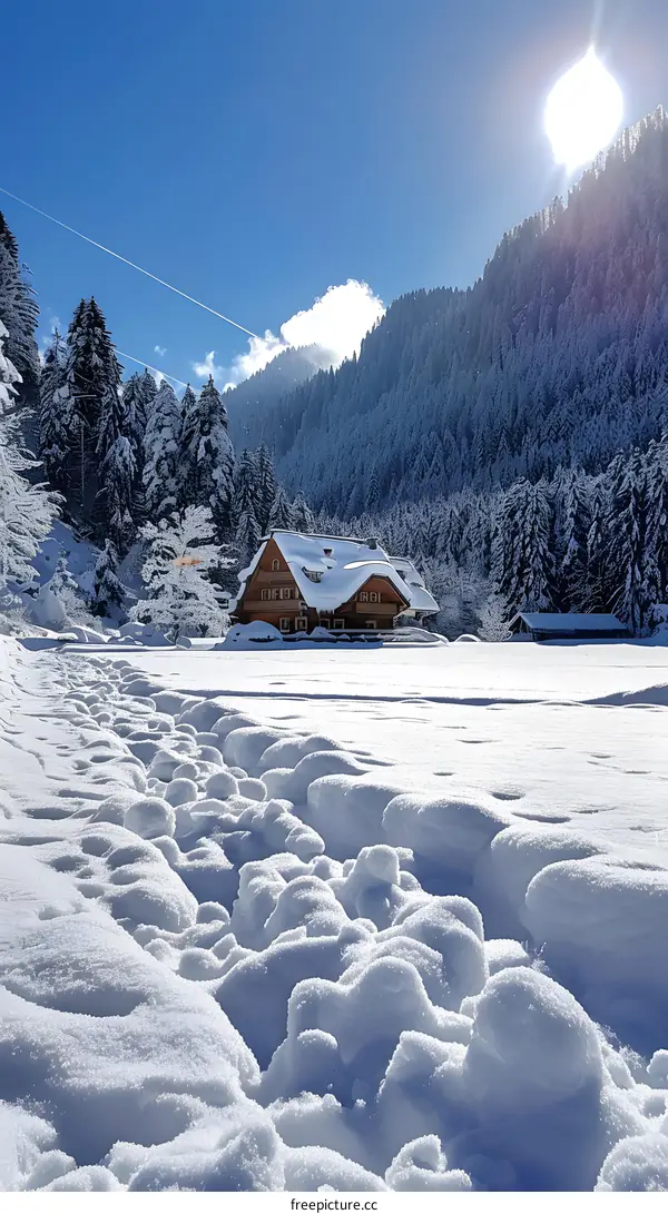 A wooden house in a snowy forest