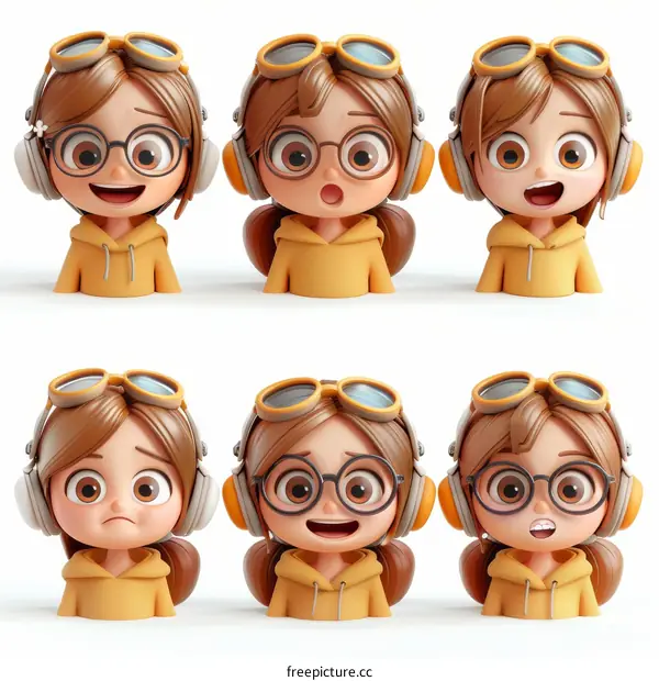 A set of 3D cartoon characters with different facial expressions