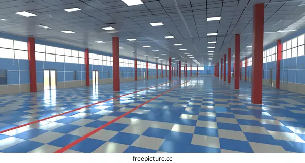 Empty Large Room With Checkered Floor And Red Columns