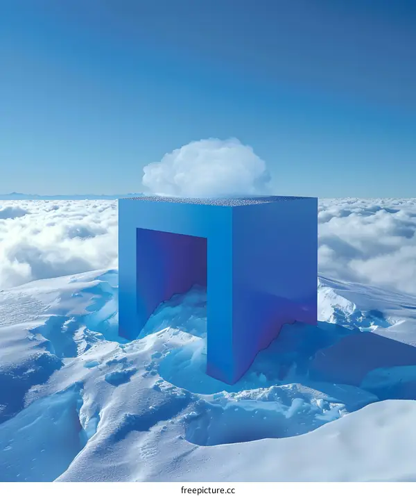 Blue Cube With White Cloud On Top In Snowy Mountain
