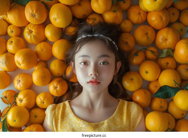 Girl Lying on a Bed of Oranges