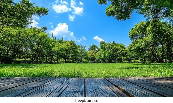 Summer park scenery with wooden floor