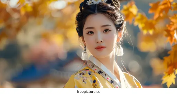 Portrait of a beautiful Korean woman in traditional yellow dress