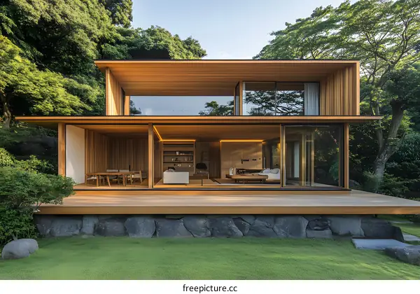 Modern Wooden House with Large Windows and Deck Surrounded by Trees