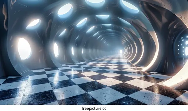 Futuristic tunnel with checkered floor and glowing blue lights