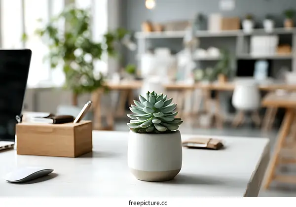 Modern Office Desk with Succulent Plant