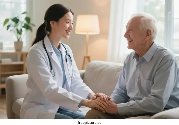 Young Female Doctor Holding Elderly Male Patient's Hand in Living Room