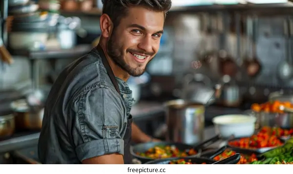Young male chef smiling in a commercial kitchen