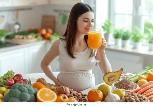 Pregnant woman drinking orange juice surrounded by healthy food