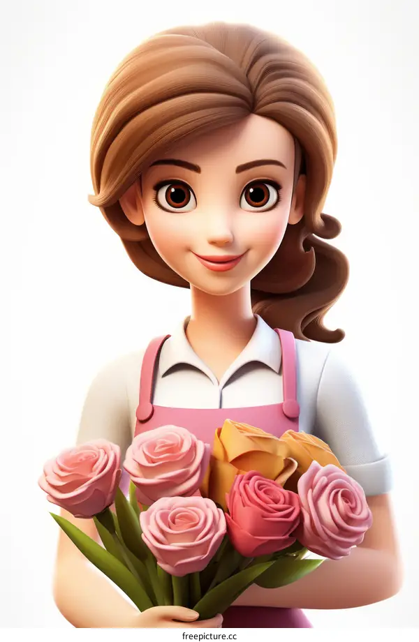 A 3D illustration of a florist holding a bouquet of roses