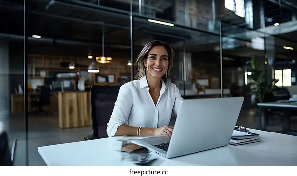 Smiling Business Woman Working on Laptop in Modern Office
