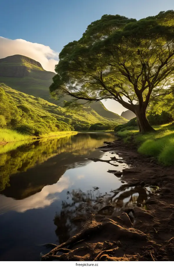 Lush Green Valley With a River Underneath the Clouds Illuminated by the Sunlight