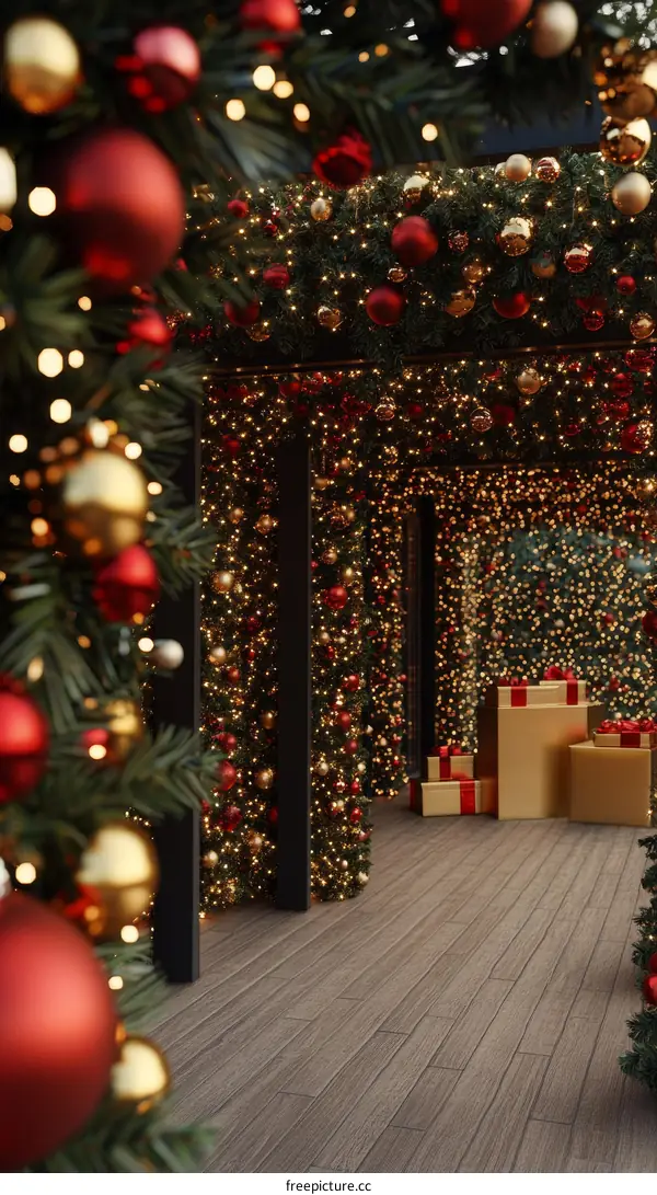 Christmas Decorated Entranceway with Lights and Gifts