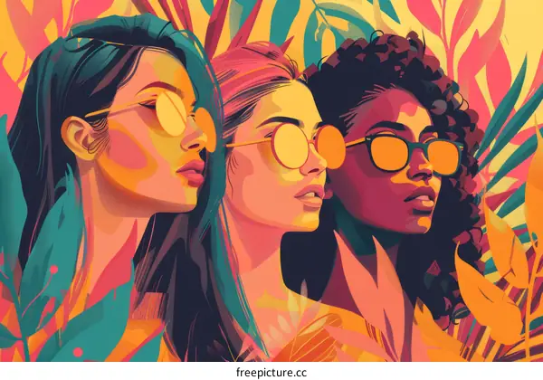 Three Women with Diverse Backgrounds Wearing Yellow Sunglasses