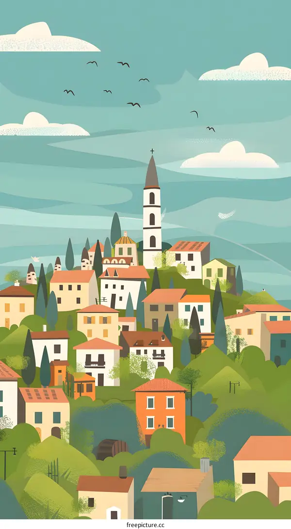 Illustration of a European village with a church
