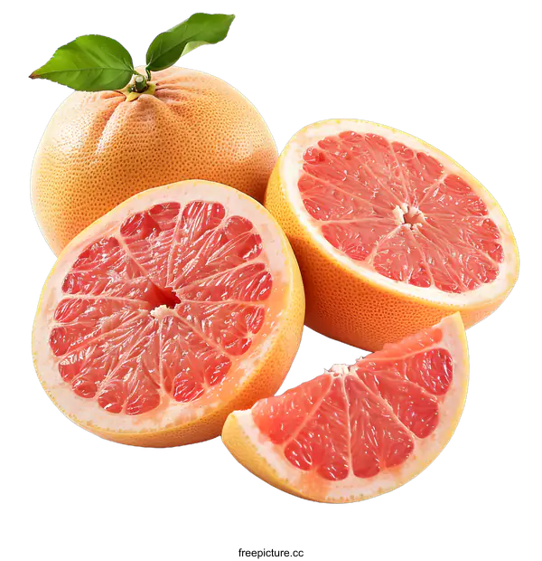 [Transparent Background PNG]Fresh Ripe Grapefruit Slices With Green Leaves On White Background