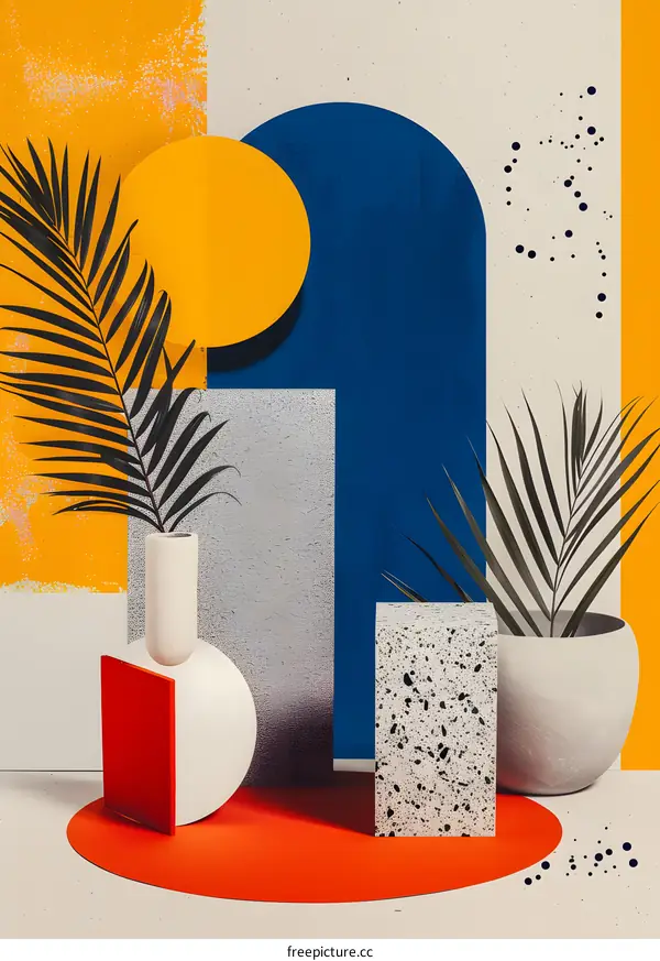 Abstract Minimalist Design with Palm Leaves and Geometric Shapes