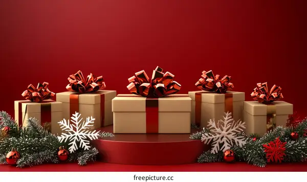 Christmas Gift Boxes Display on Red Background