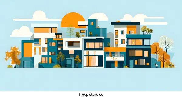 Modern Architecture Illustration with Sun and Clouds
