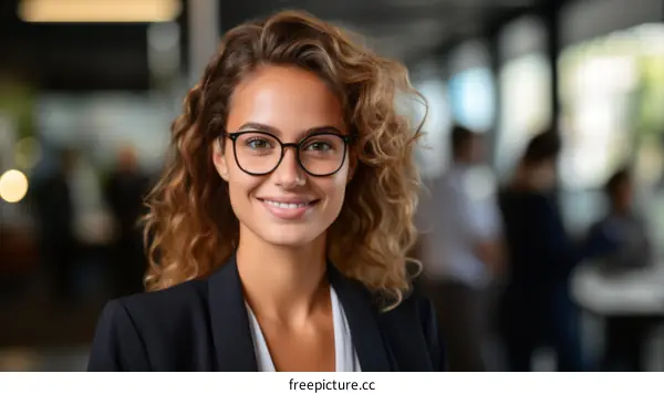 portrait of a young businesswoman smiling wearing glasses and a suit