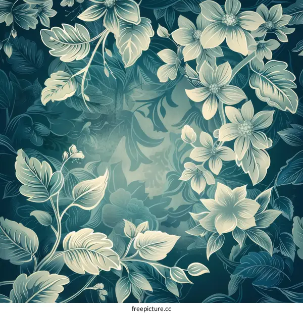 Hand-painted blue-green floral and plant wallpaper