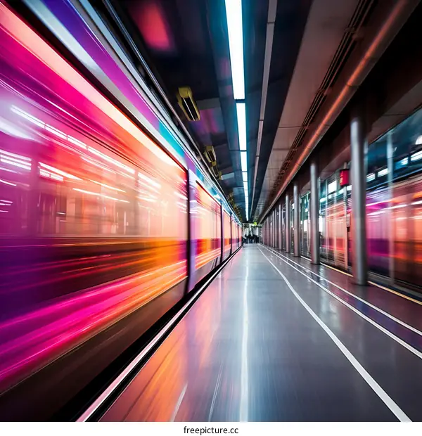 Motion blur of a subway train in a modern station