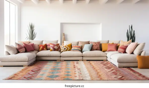 Neutral Colored Sectional Sofa in Modern Living Room with Colorful Pillows