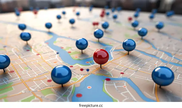 Red marker on map with blue markers