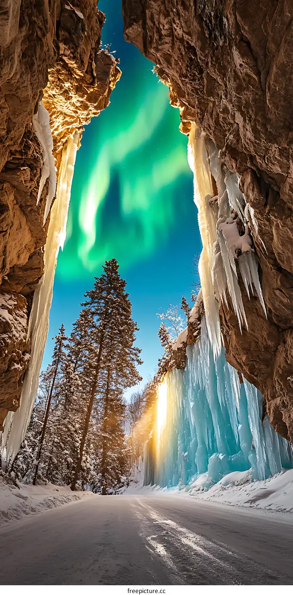 Aurora Borealis Shining Through Icy Cave