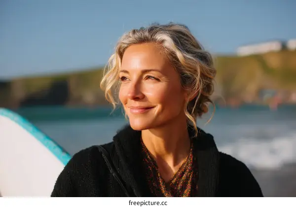 Mature woman with surfboard looking at ocean view